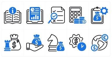 A set of 10 business icons as manual, online report, search report in blue color vector