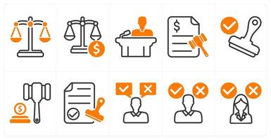 A set of 10 business icons as balance, judgement, conference in orange color vector