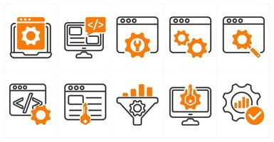 A set of 10 seo icons as website development, seo service, web settings in orange color vector