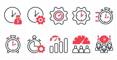 A set of 10 business icons as time is money, time management, performance in red color vector