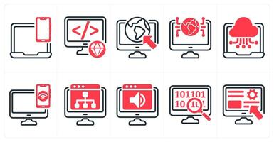 A set of 10 seo icons as responsive design, clean code, internet browsing in red color vector