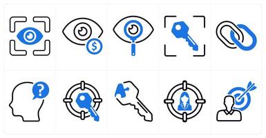 A set of 10 business icons as vision, financial vision, exploration, target key in blue color vector