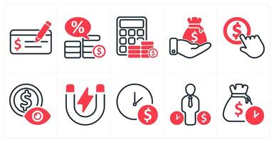 A set of 10 business icons as payment check, loan interest rate, budget, capital in red color vector