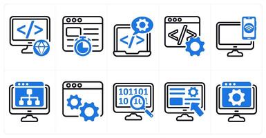 A set of 10 business and seo icons as clean code, website speed, software development in blue color vector