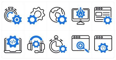 A set of 10 business and seo icons as seo performance, settings, browser optimization in blue color vector