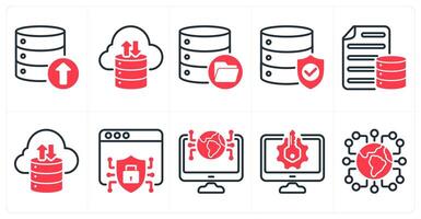 A set of 10 seo icons as backup, storage, data storage, database protection in red color vector