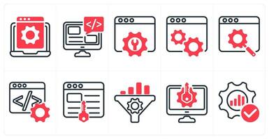 A set of 10 seo icons as website development, seo service, web settings in red color vector