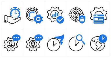 A set of 10 seo icons as time management, seo performance, optimization in blue color vector