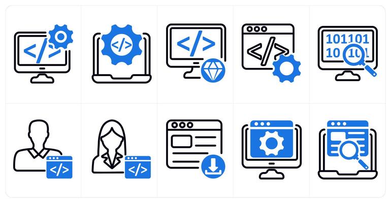A set of 10 seo icons as software development, website development, clean code in blue color