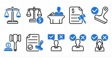 A set of 10 business icons as balance, judgement, conference in blue color vector