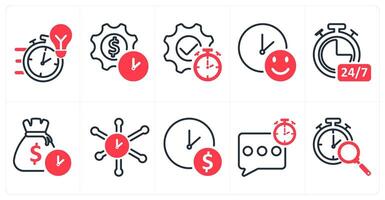 A set of 10 business icons as quick solution, investment time plan, productivity in red color vector