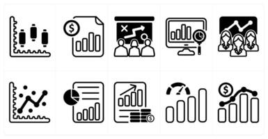 A set of 10 business icons as stock market, cost management, presenting tactics in black color vector