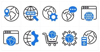 A set of 10 seo icons as global location, find web address, browser optimization in blue color vector