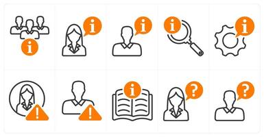 A set of 10 business icons as team information, business instruction, search info in orange color vector