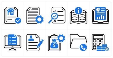 A set of 10 business icons as property document, document settings, search report in blue color vector