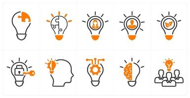 A set of 10 business icons as creative solution, innovation, enterpreneur in orange color vector