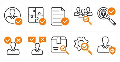 A set of 10 business icons as account approved, solution plan, verified file in orange color vector