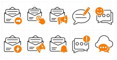 A set of 10 seo icons as email send, email subscription, email marketing in orange color vector
