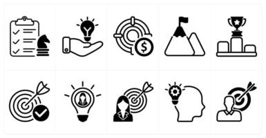 A set of 10 business icons as business startegy, solution, profit target in black color vector