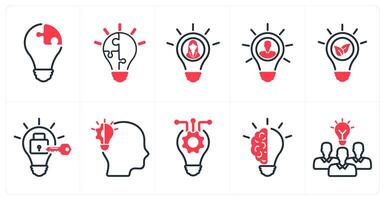 A set of 10 business icons as creative solution, innovation, enterpreneur in red color vector