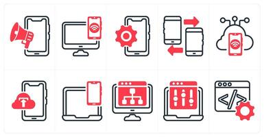 A set of 10 seo icons as mobile adverting, device connectivity, mobile option in red color vector