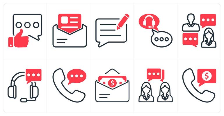 A set of 10 business icons as positive feedback, job letter, write feedback in red color