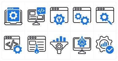 A set of 10 seo icons as website development, seo service, web settings in blue color vector