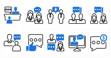 A set of 10 business icons as interview, business talk, negotiation in blue color vector
