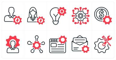 A set of 10 business and seo icons as efficient person, efficient person, idea development in red color vector