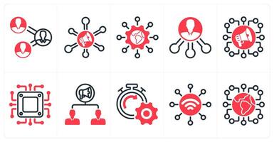 A set of 10 seo icons as business connectivity, marketing network, global technology in red color vector