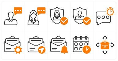 A set of 10 business icons as consultant, user protection, quick response in orange color vector