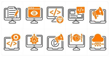 A set of 10 seo icons as content writing, online viewer, clean code in orange color vector