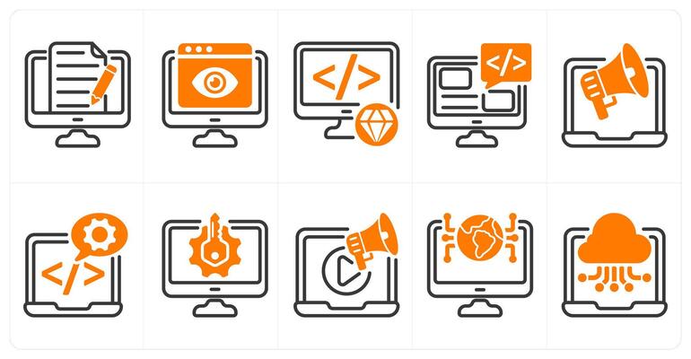 A set of 10 seo icons as content writing, online viewer, clean code in orange color