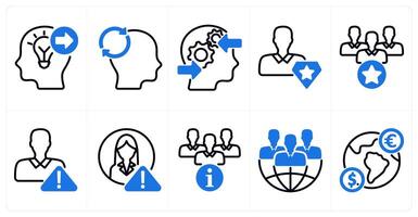 A set of 10 business icons as keyword forward, mind reload, decision making process in blue color vector