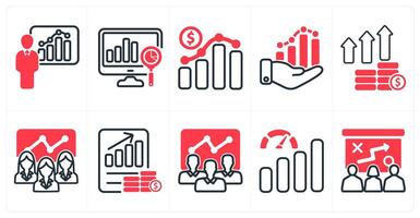 A set of 10 business icons as graphical presentation, analysis, business growth in red color vector