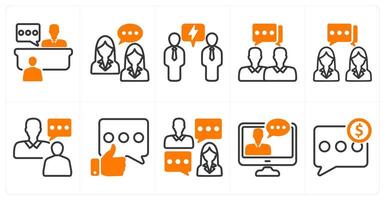 A set of 10 business icons as interview, business talk, negotiation in orange color vector