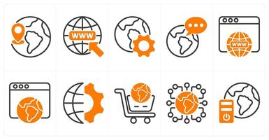 A set of 10 seo icons as global location, find web address, browser optimization in orange color vector
