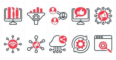 A set of 10 seo icons as creative design, seo conversion rate, online comment in red color vector