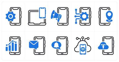 A set of 10 business and seo icons as mobile option, responsive design, mobile advertising, mobile technology in blue color vector