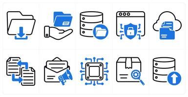 A set of 10 seo icons as download file, file sharing, data storage in blue color vector