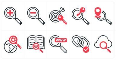 A set of 10 seo icons as zoom in, zoom out, target keywords in red color vector