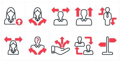 A set of 10 business icons as career up, confusion, career vision in red color vector