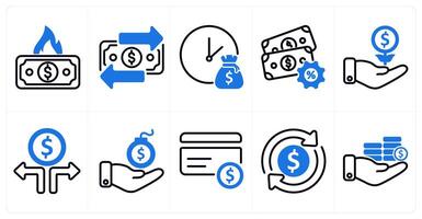 A set of 10 business icons as money burning, transaction, time is money in blue color vector