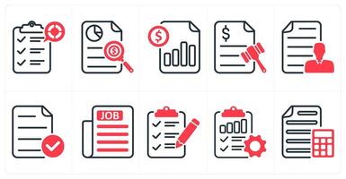 A set of 10 business icons as pie chart report, business report, cost statement in red color vector