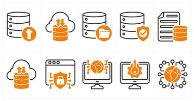 A set of 10 seo icons as backup, storage, data storage, database protection in orange color vector