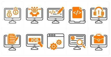 A set of 10 business icons as online earning, computer technology, web designing in orange color vector