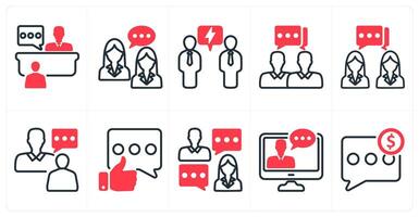 A set of 10 business icons as interview, business talk, negotiation in red color vector