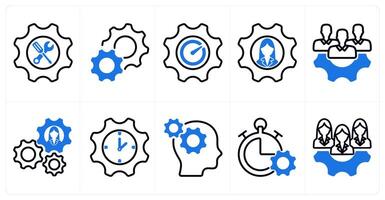 A set of 10 business icons as support, settings, performance, employee management in blue color vector