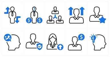 A set of 10 business and seo icons as crisis overcome, confusion in selecting, investment, user network in blue color vector