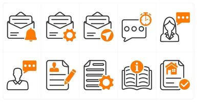 A set of 10 business icons as mail notification, message setting, sending mail in orange color vector